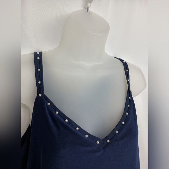WHITE HOUSE BLACK MARKET Dark Blue W/pearls Sleeveless V-Neck Top(#1,545) - Picture 8 of 10